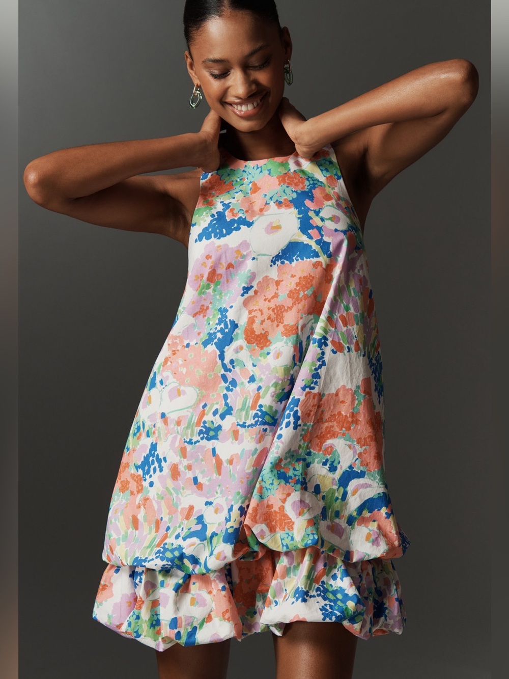 Anthropologie Floral Ruffle Mini Dress in Coral, Blue & Green